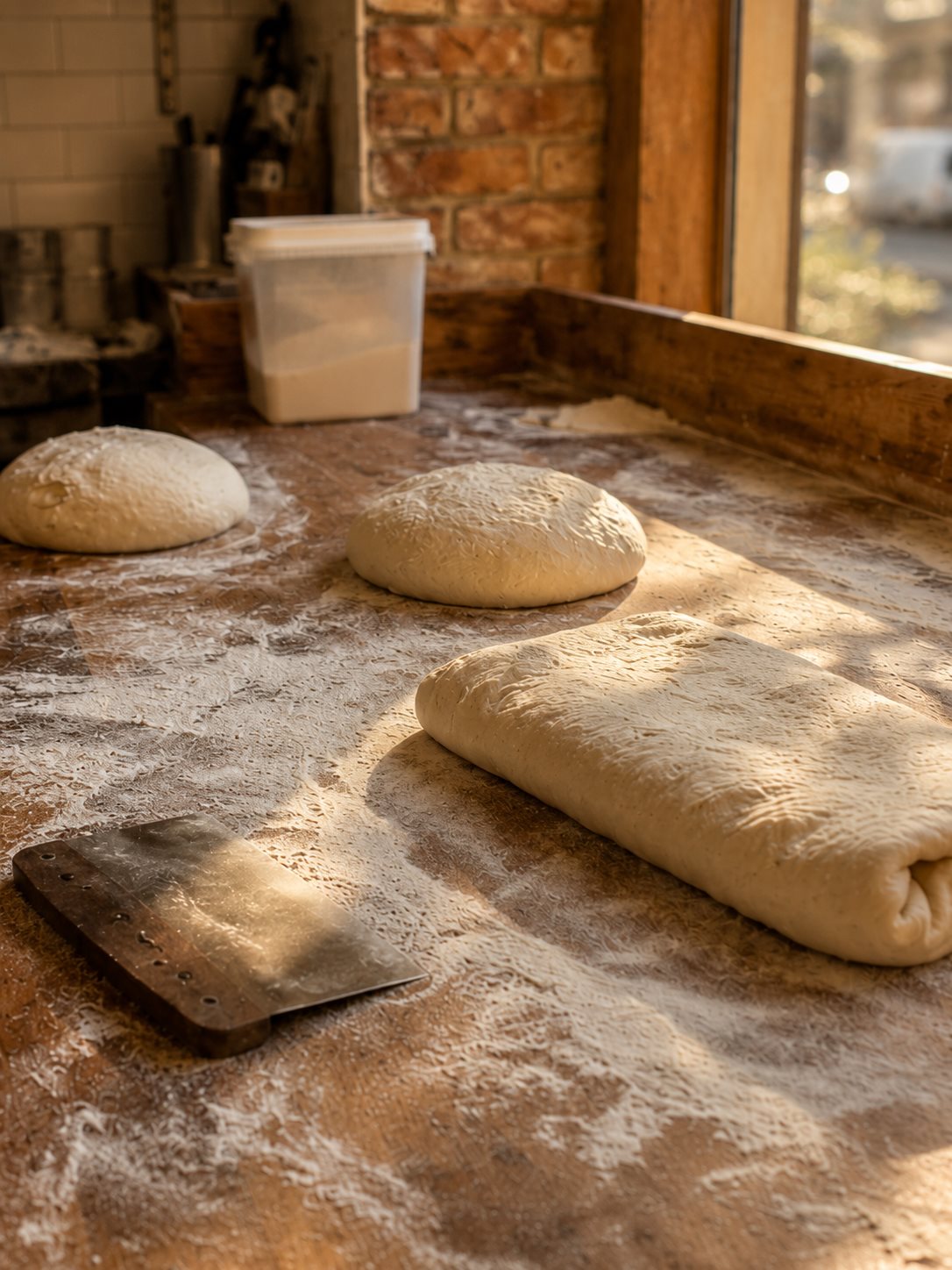 Pâtons au repos sur la table farinée du fournil